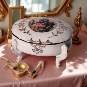 Vintage Trinket Box with Victorian Couple Hand Painted on Top Oval Footed
